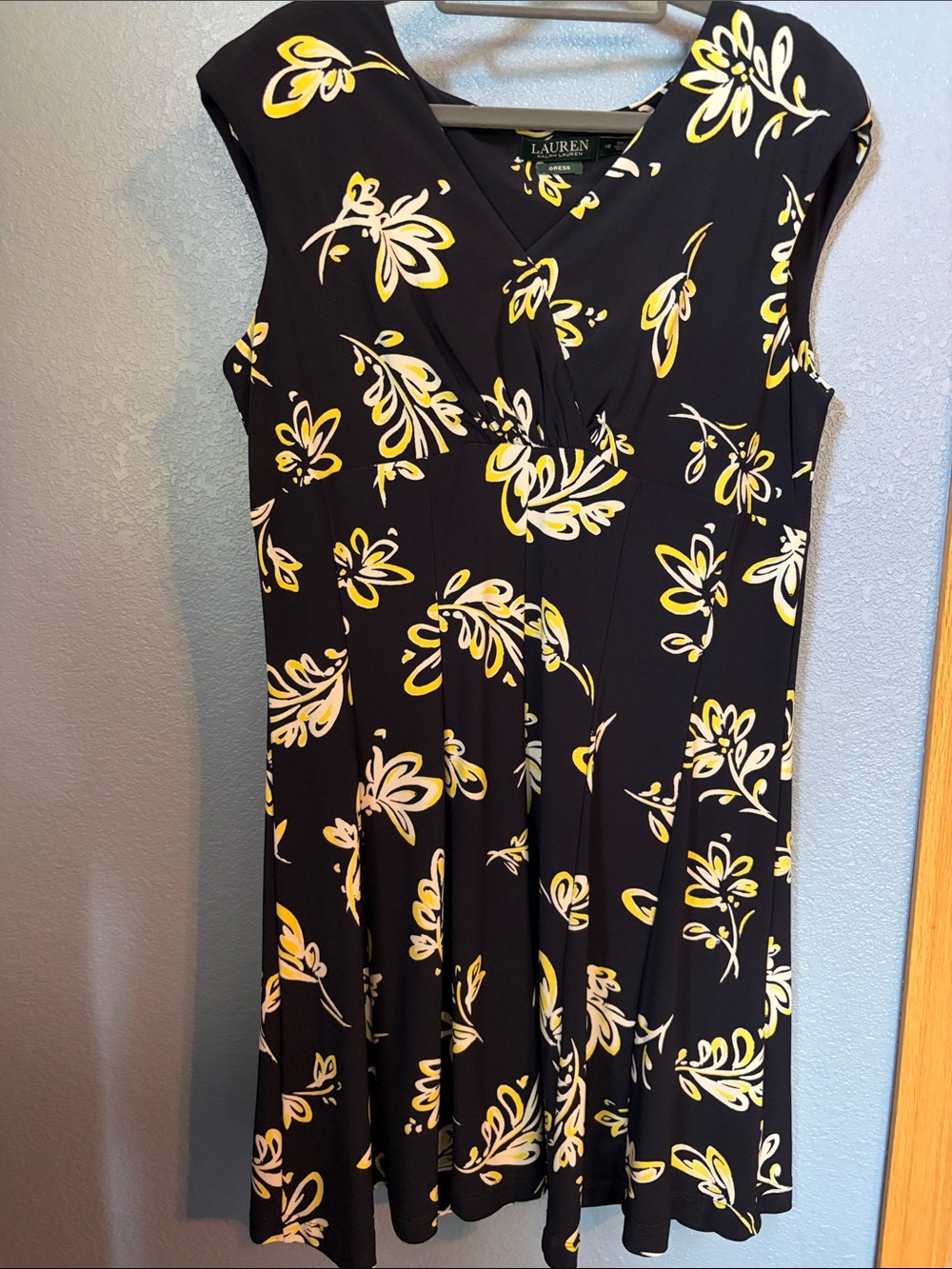 Lauren Ralph Lauren Navy Blue  Dress with Yellow and Cream Floral Print size 16